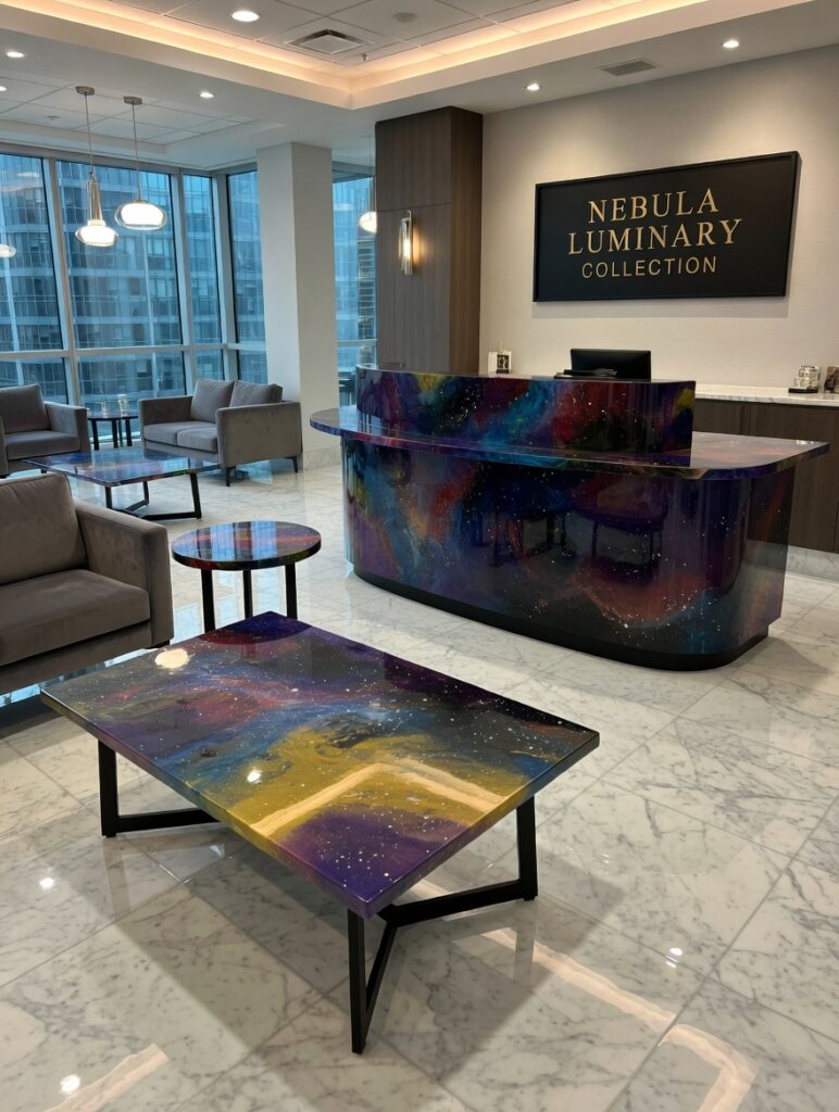 Nebula Luminary office collection resin desk glowing in the dark