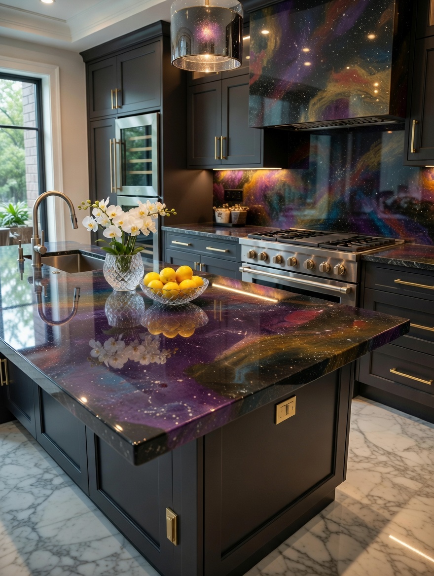 Nebula Luminary kitchen island with a glowing resin top