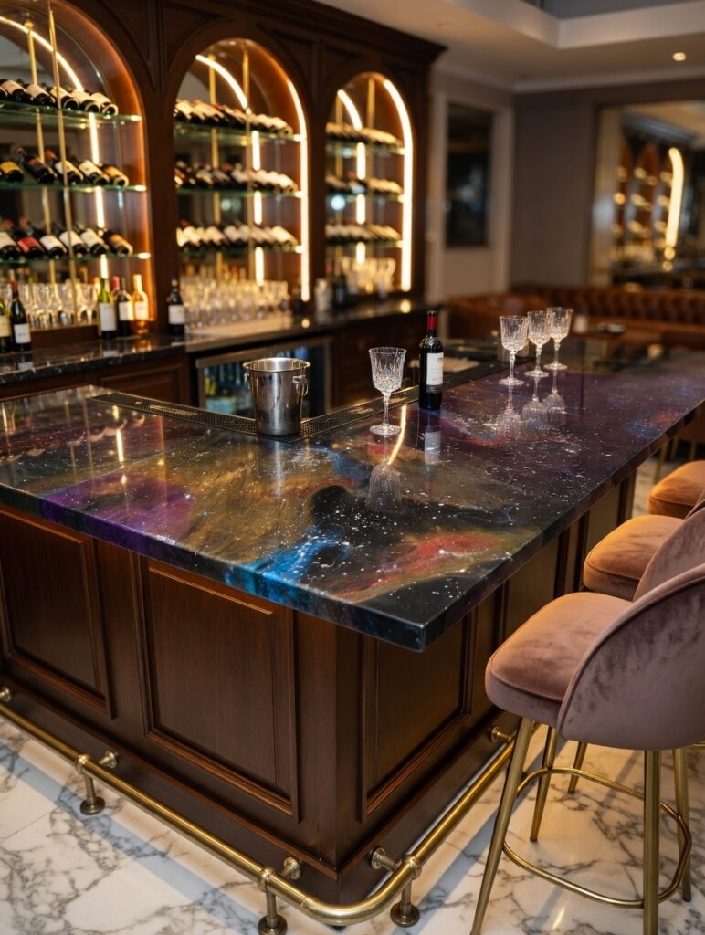 Nebula Luminary resin bar counter glowing at night
