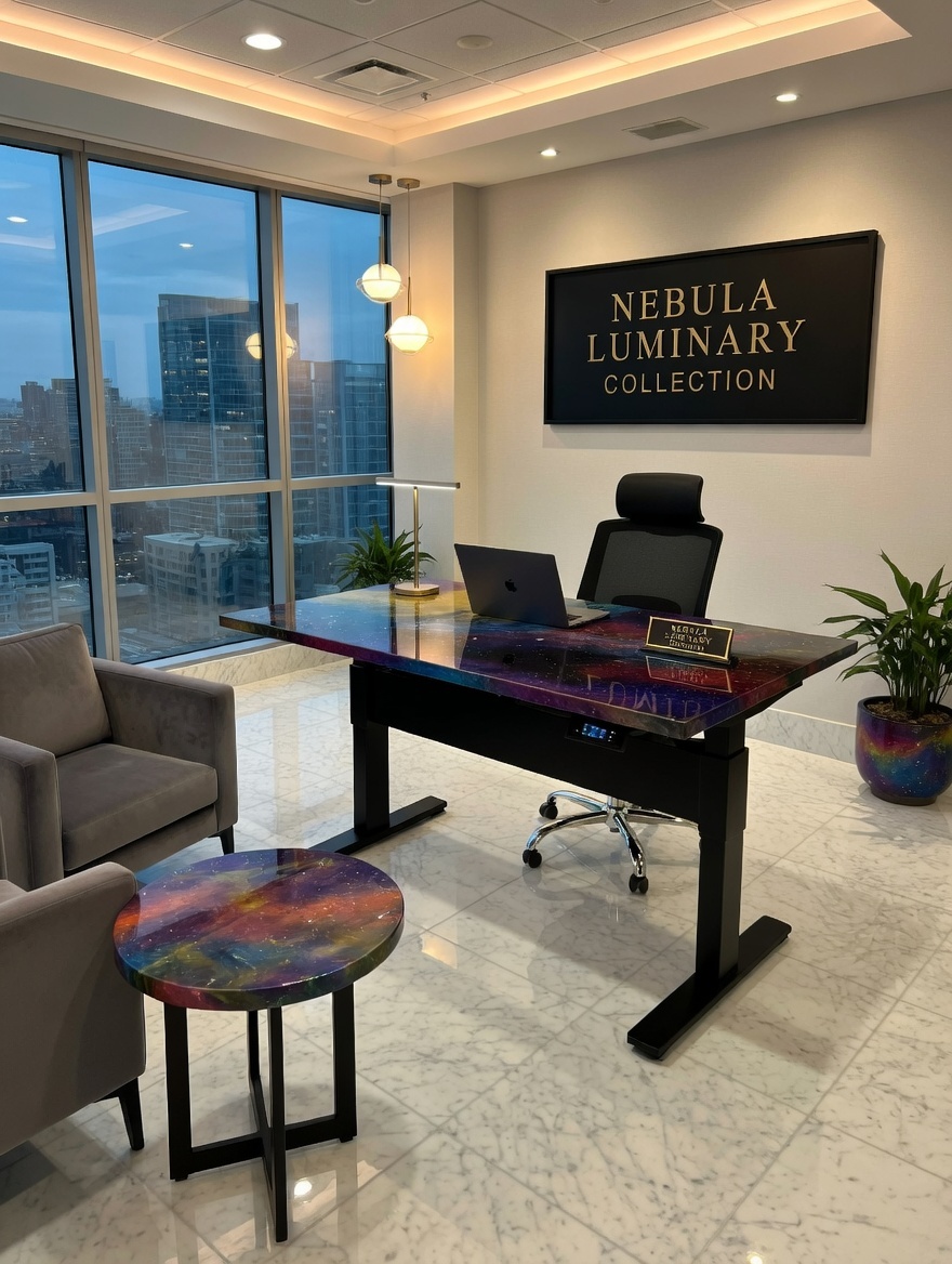 Nebula resin office desk with fibre optic stars, side view
