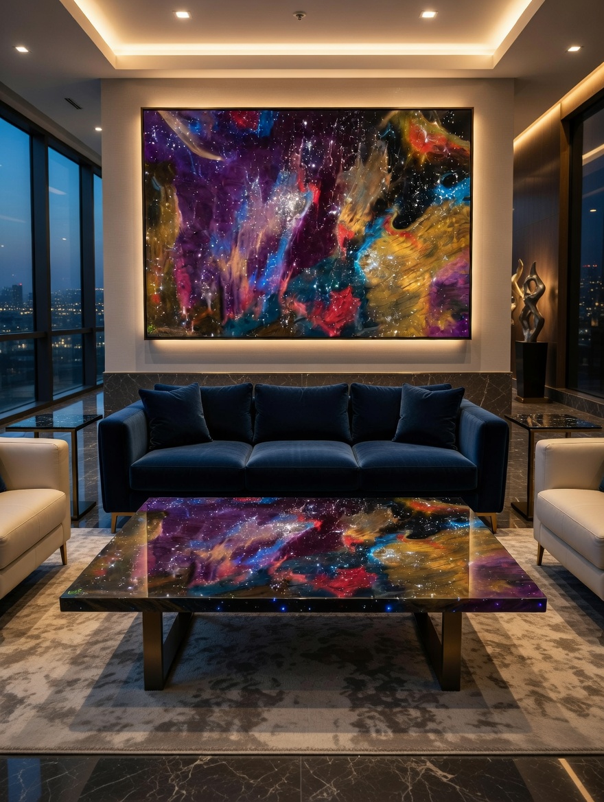 Nebula Luminary lounge with a glowing resin coffee table