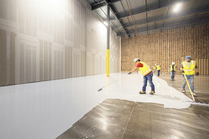 Seamless glossy epoxy floor coating on a concrete slab in a large interior space