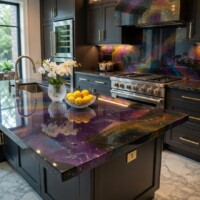 Nebula Luminary kitchen island with a glowing resin top