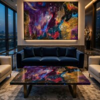 Nebula Luminary lounge with a glowing resin coffee table
